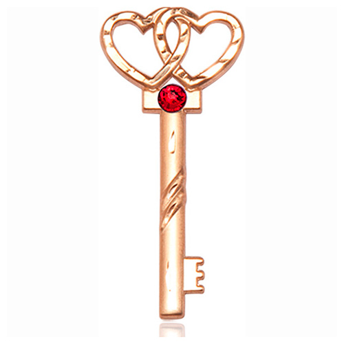 14kt Yellow Gold 1 1/4in Key Two Hearts Medal with 3mm Ruby Bead  