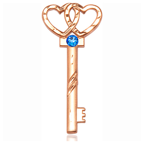 14kt Yellow Gold 1 1/4in Key Two Hearts Medal with 3mm Sapphire Bead  