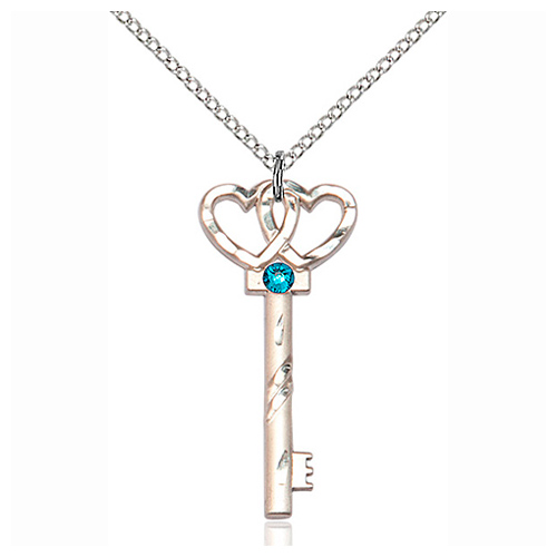 Sterling Silver 1 1/4in Key Hearts Pendant Zircon Bead & 18in Chain