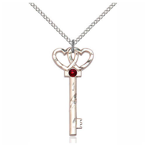 Sterling Silver 1.25in Key Two Hearts Pendant Garnet Bead & 18in Chain