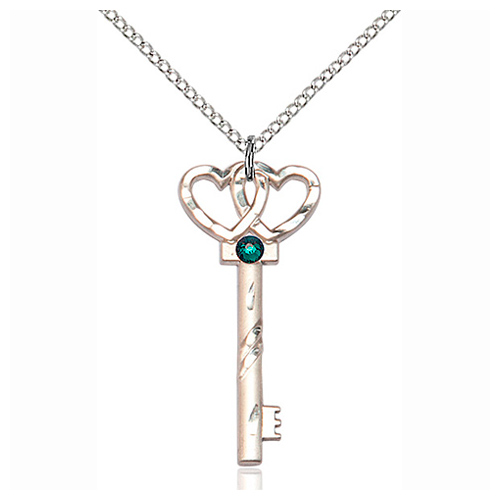 Sterling Silver 1 1/4in Key Hearts Pendant Emerald Bead & 18in Chain