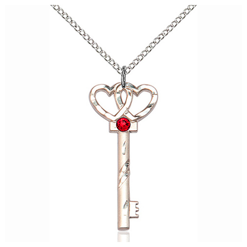 Sterling Silver 1 1/4in Key Hearts Pendant with Ruby Bead & 18in Chain