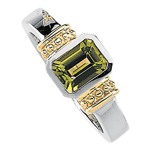 7x5mm Peridot Ring - Sterling Silver and 14k Gold
