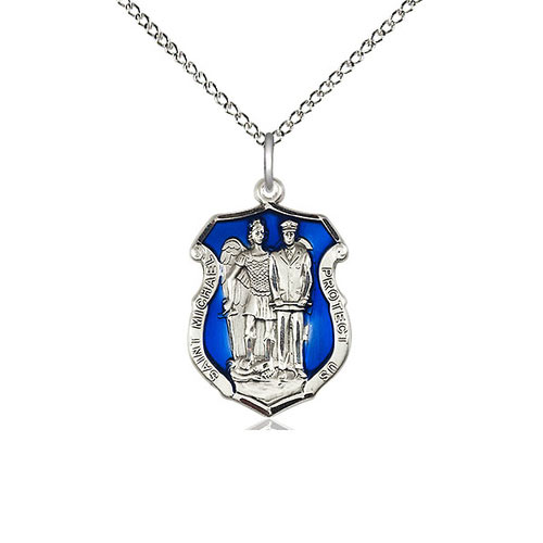 Sterling Silver 7/8in St Michael Police Medal Blue Epoxy & 18in Chain