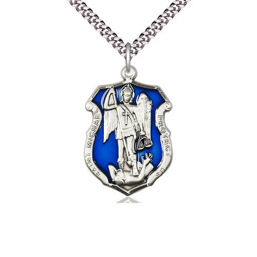 Sterling Silver Large St Michael Medal with Blue Epoxy & 24in Chain