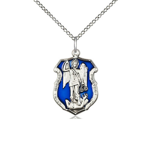 Sterling Silver 7/8in St Michael Shield Medal Blue Epoxy & 18in Chain
