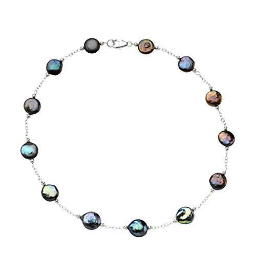 Sterling Silver Freshwater Cultured Black Coin Pearl Necklace 18in