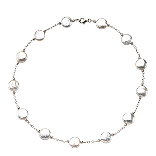 Sterling Silver 18in Freshwater Cultured Coin Pearl Station Necklace