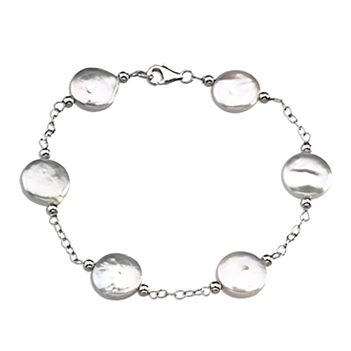 Sterling Silver 7 1/2in Freshwater Cultured White Coin Pearl Bracelet