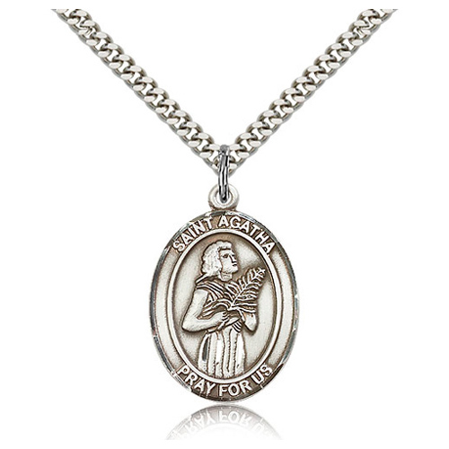 Sterling Silver 1in St Agatha Medal & 24in Chain