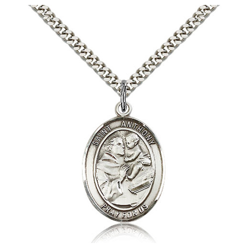 Sterling Silver 1in Oval St Anthony Medal & 24in Chain