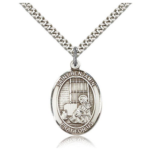Sterling Silver 1in St Benjamin Medal & 24in Chain