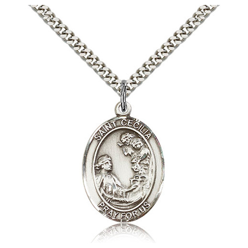 Sterling Silver 1in St Cecilia Medal & 24in Chain