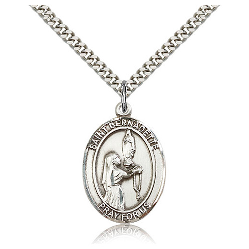 Sterling Silver 1in St Bernadette Medal & 24in Chain