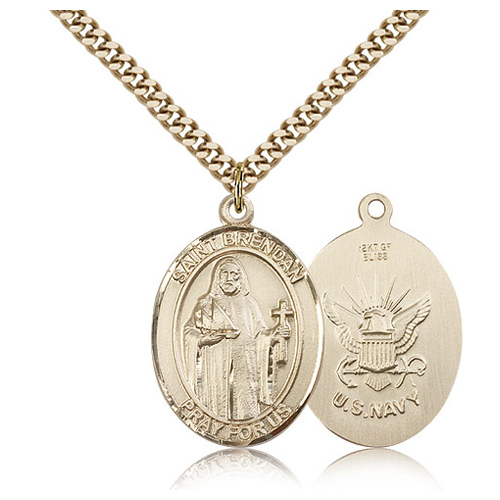 Gold Filled 1in St Brendan Navy Medal & 24in Chain