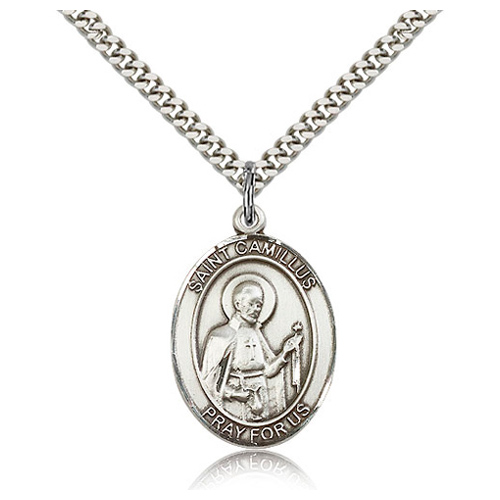 Sterling Silver 1in St Camillus Medal & 24in Chain