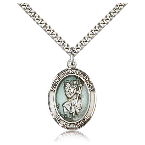 Sterling Silver 1in Antiqued Blue St Christopher Medal & 24in Chain