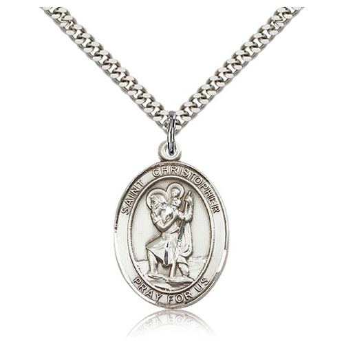 Sterling Silver 1in Oval St Christopher Medal & 24in Chain - Religious Necklace