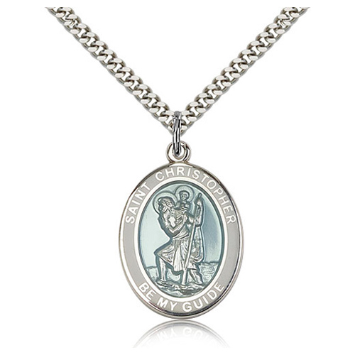 Sterling Silver 1in Blue St Christopher Be My Guide Medal & 24in Chain