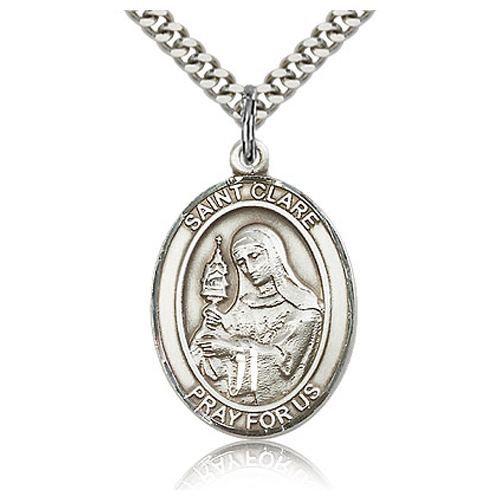 Sterling Silver 1in St Clare Medal & 24in Chain
