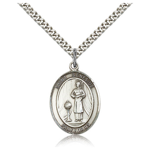 Sterling Silver 1in St Genesius Medal & 24in Chain