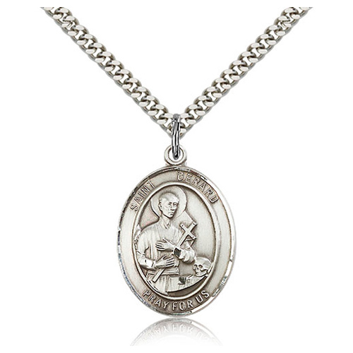 Sterling Silver 1in St Gerard Pray For Us Medal & 24in Chain