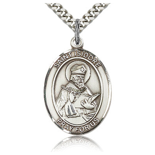 Sterling Silver 1in St Isidore of Seville Medal & 24in Chain