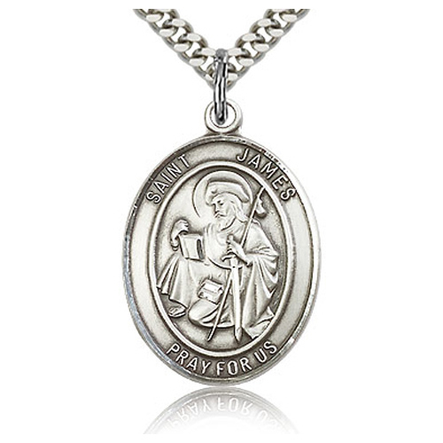 Sterling Silver 1in Oval St James Medal & 24in Chain
