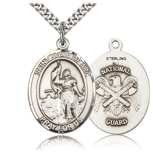 Sterling Silver 1in St Joan of Arc National Guard Medal & 24in Chain