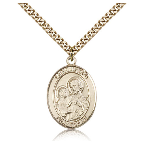 Gold Filled 1in Oval St Joseph Pray For Us Medal & 24in Chain