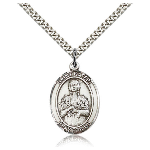 Sterling Silver 1in St Kateri Medal & 24in Chain