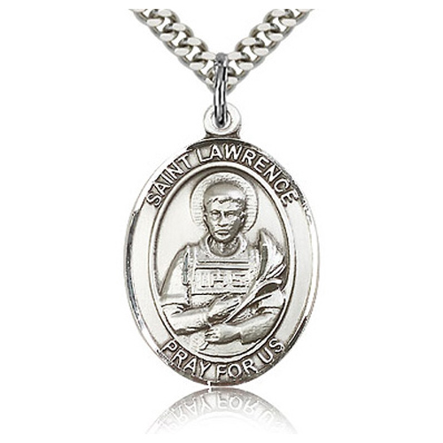 Sterling Silver 1in St Lawrence Medal & 24in Chain