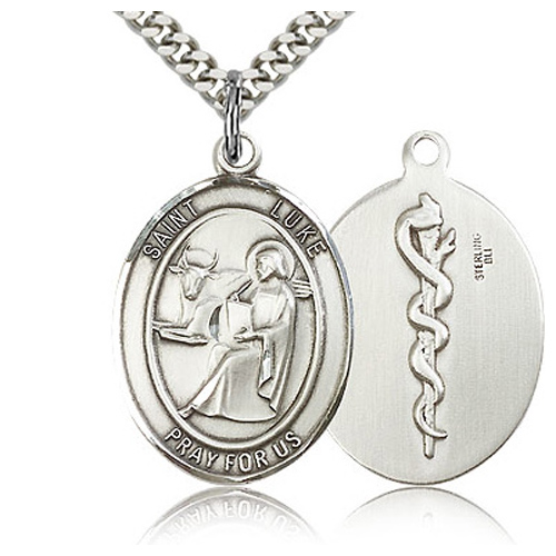 Sterling Silver 1in St Luke the Apostle & Doctor Medal & 24in Chain