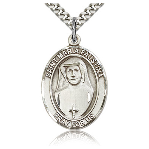Sterling Silver 1in St Maria Faustina Medal & 24in Chain
