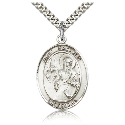 Sterling Silver 1in St Matthew Medal & 24in Chain