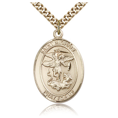 Gold Filled 1in Oval St Michael Medal & 24in Chain