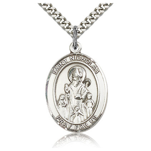 Sterling Silver 1in St Nicholas Medal & 24in Chain