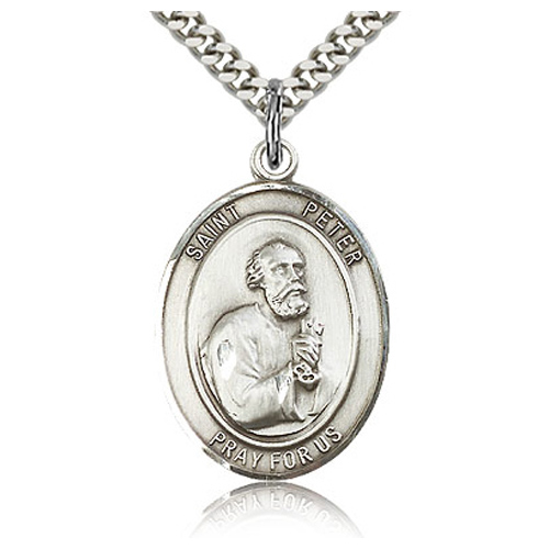 Sterling Silver 1in St Peter Medal & 24in Chain