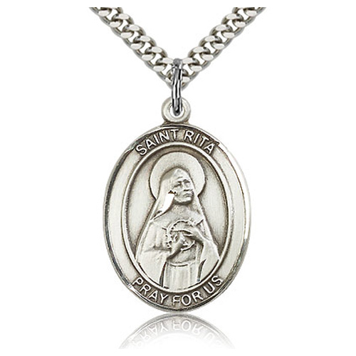 Sterling Silver 1in St Rita Medal & 24in Chain