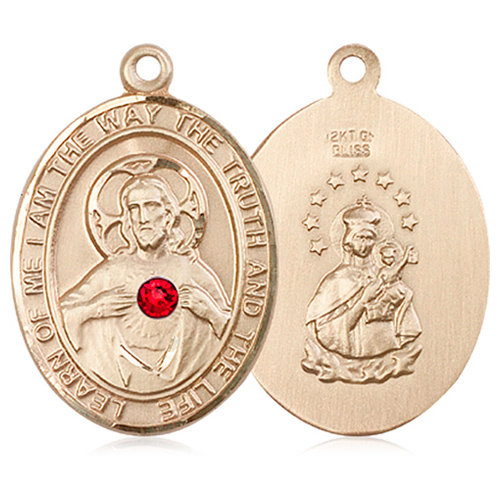 14kt Yellow Gold 1in Oval Scapular Medal with 3mm Ruby Bead  