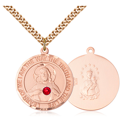 Gold Filled 1in Round Scapular Medal with 3mm Ruby Bead & 24in Chain