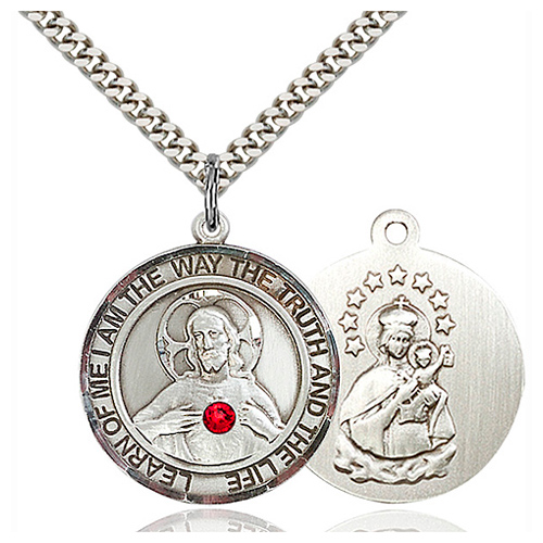 Sterling Silver 1in Round Scapular Medal with Ruby Bead & 24in Chain