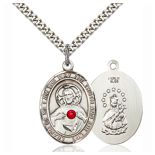 Sterling Silver 1in Scapular Medal with 3mm Ruby Bead & 24in Chain