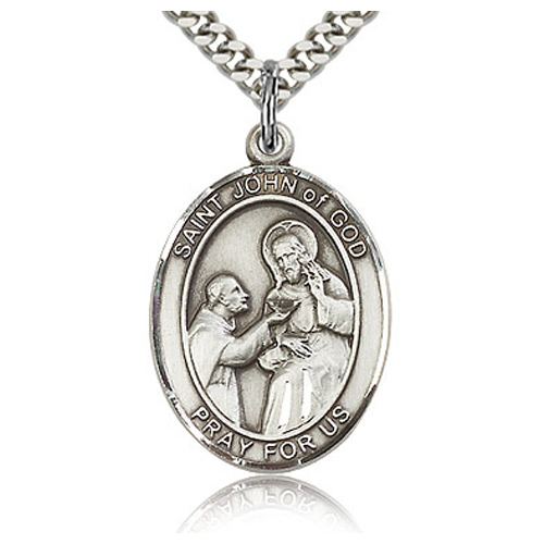 Sterling Silver 1in St John of God Medal & 24in Chain