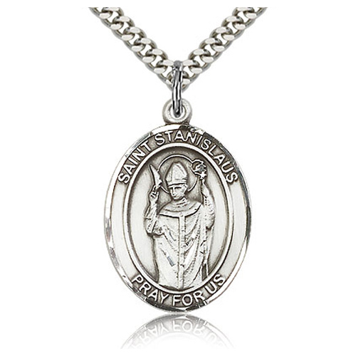 Sterling Silver 1in St Stanislaus Medal & 24in Chain