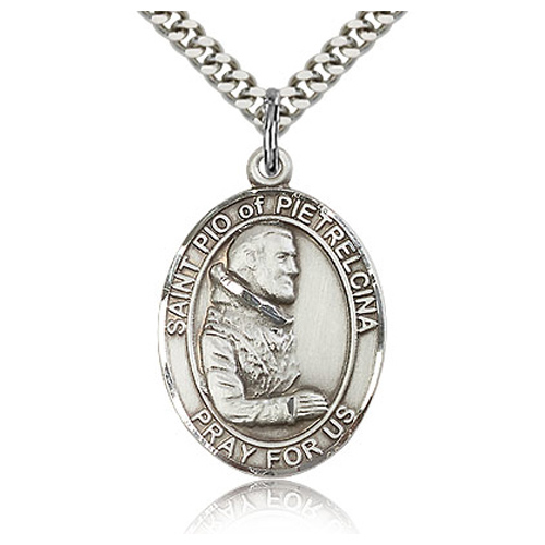 Sterling Silver 1in St Pio Medal & 24in Chain
