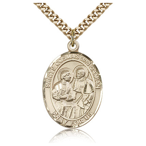 Gold Filled 1in St Cosmas and Damian Medal & 24in Chain