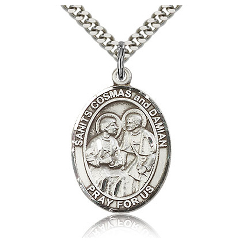 Sterling Silver 1in St Cosmas and Damian Medal & 24in Chain