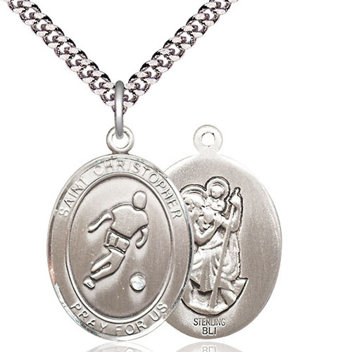 Sterling Silver 1in St Christopher Soccer Player Medal & 24in Chain
