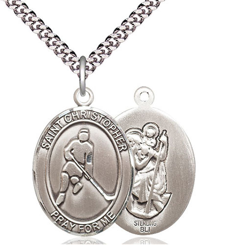 Sterling Silver 1in St Christopher Hockey Player Medal & 24in Chain